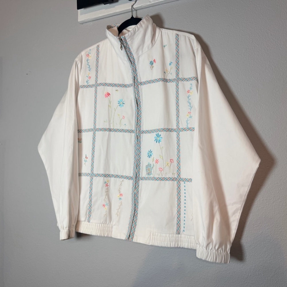 Vintage 90s Floral Embroidered Jacket Size Large White Grandma Cottagecore